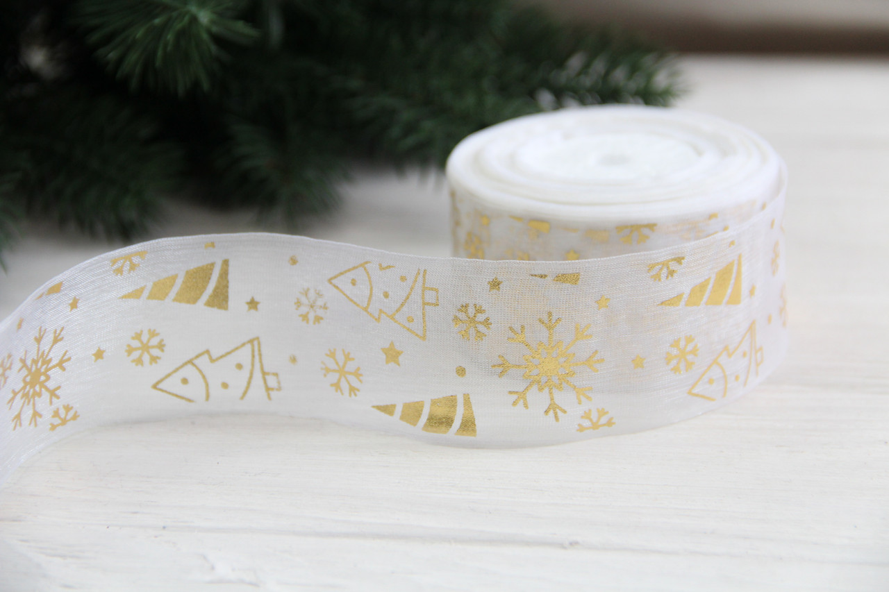 Органза " Ялинки та сніжинки " 4 см біла рулон 22.5 метри