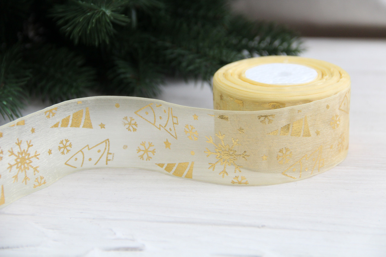 Органза " Ялинки та сніжинки " 4 см бежева рулон 22.5 метри