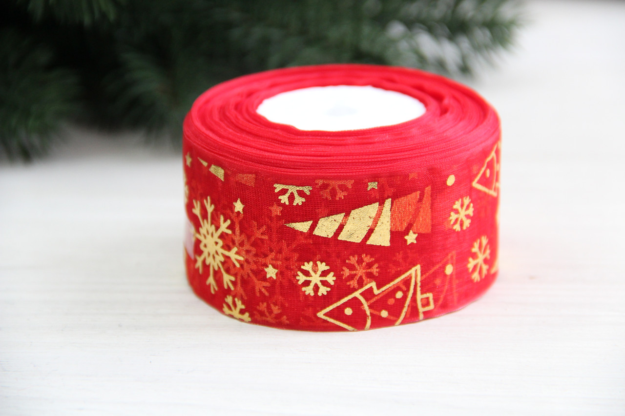 Органза " Ялинки та сніжинки " 4 см червона рулон 22.5 метри, фото 1