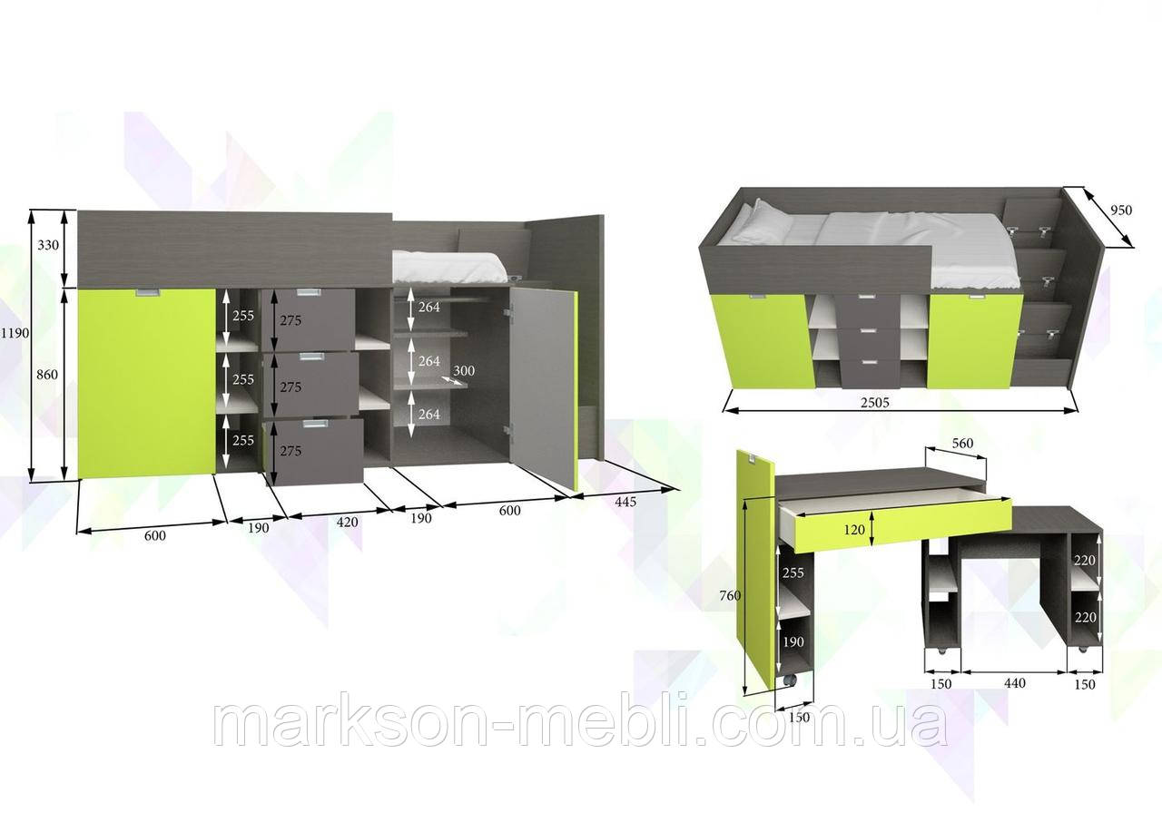 Кровать со столом и шкафами в голубом цвете MS702 - фото 3 - id-p1715058547