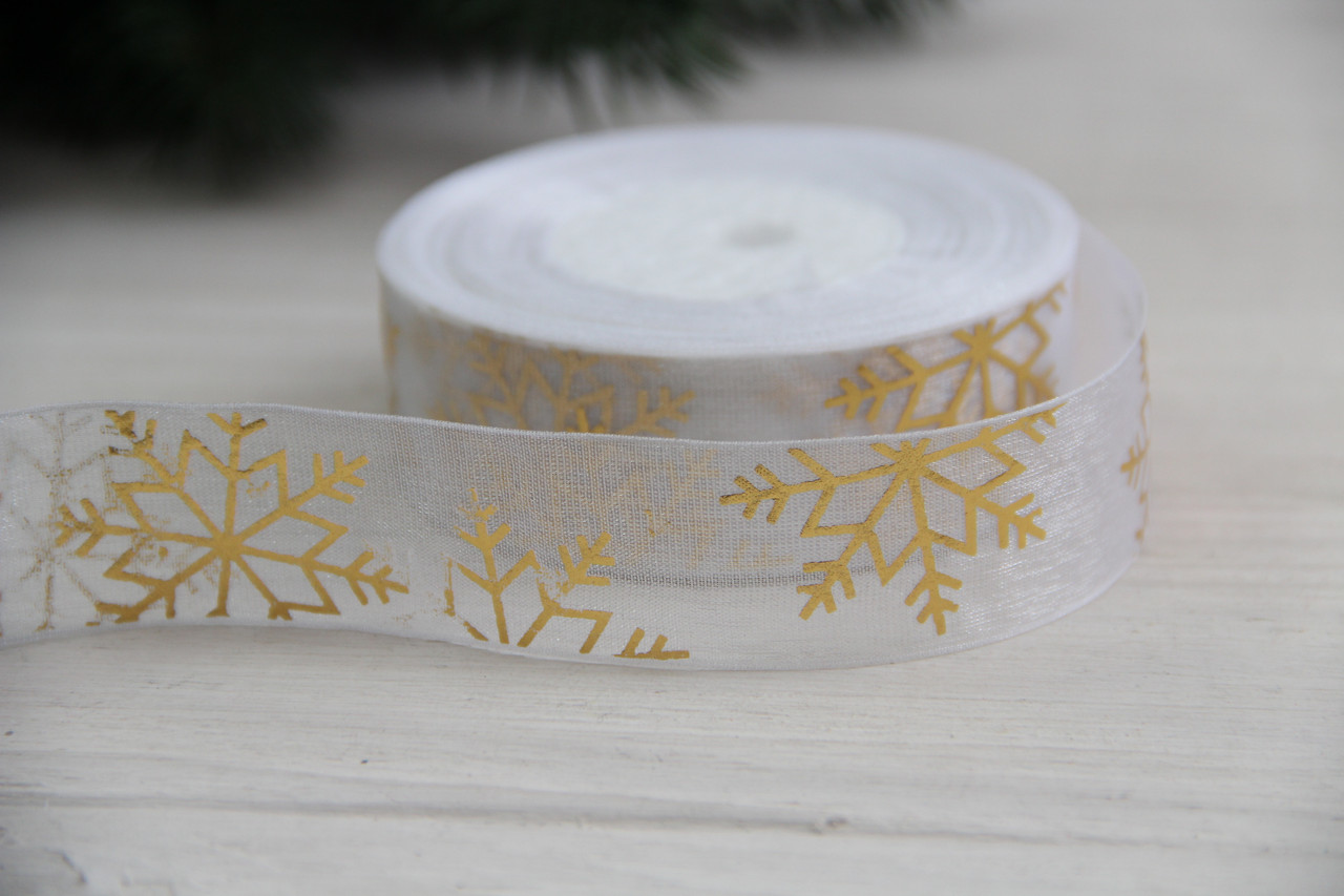 Органза " Золоті сніжинки " 2,5 см біла рулон 22.5 метри
