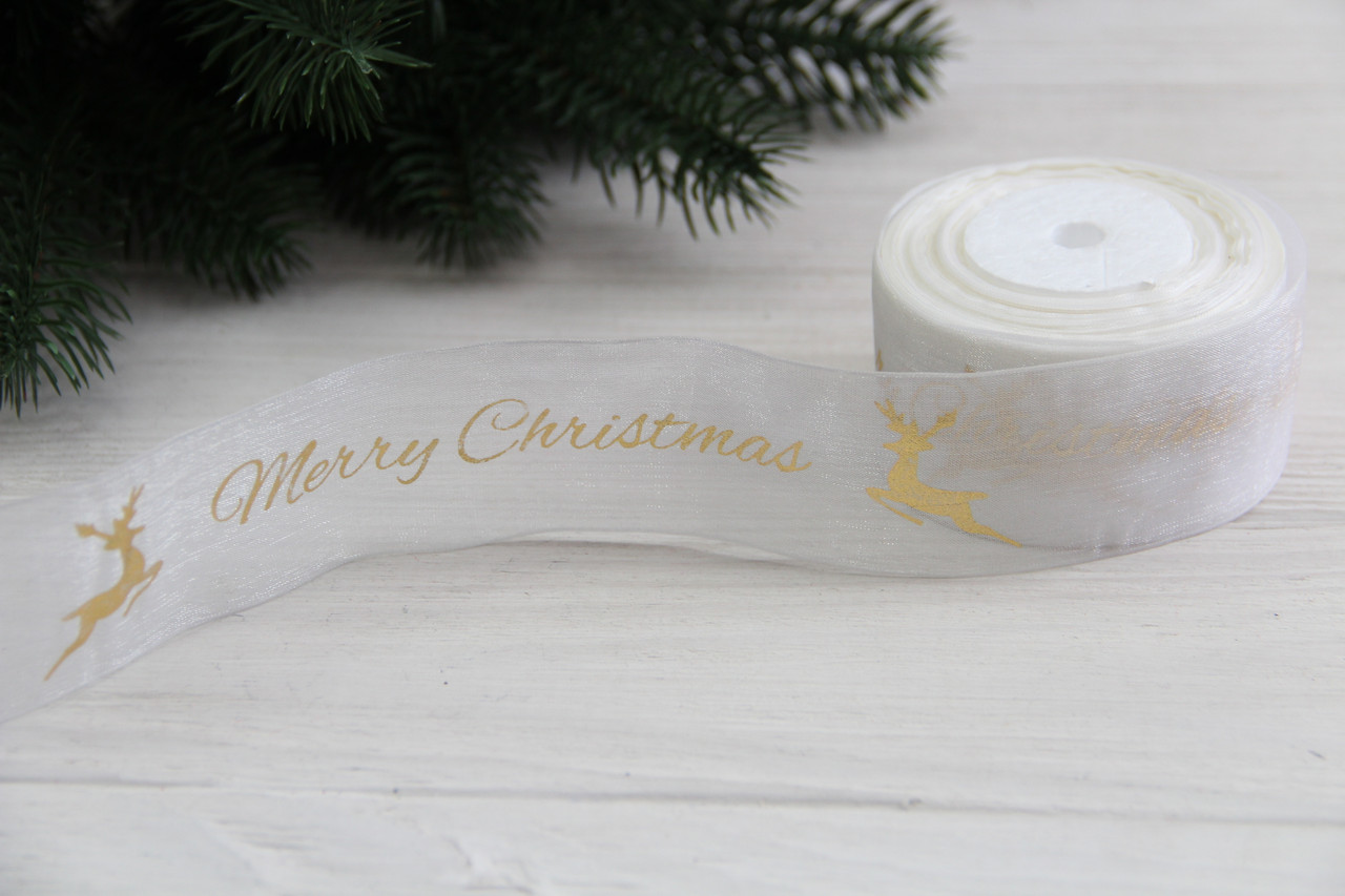 Органза " Merry Christmas з оленями " 4 см біла рулон 22.5 метри