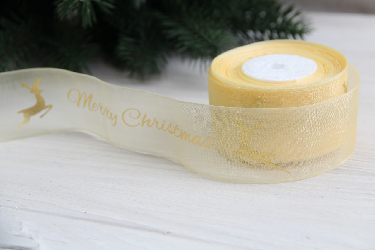 Органза   " Merry Christmas з оленями    "  4 см  бежева  рулон 22.5 метри