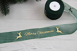 Органза   " Merry Christmas з оленями    "  4 см  темно зелена  рулон 22.5 метри