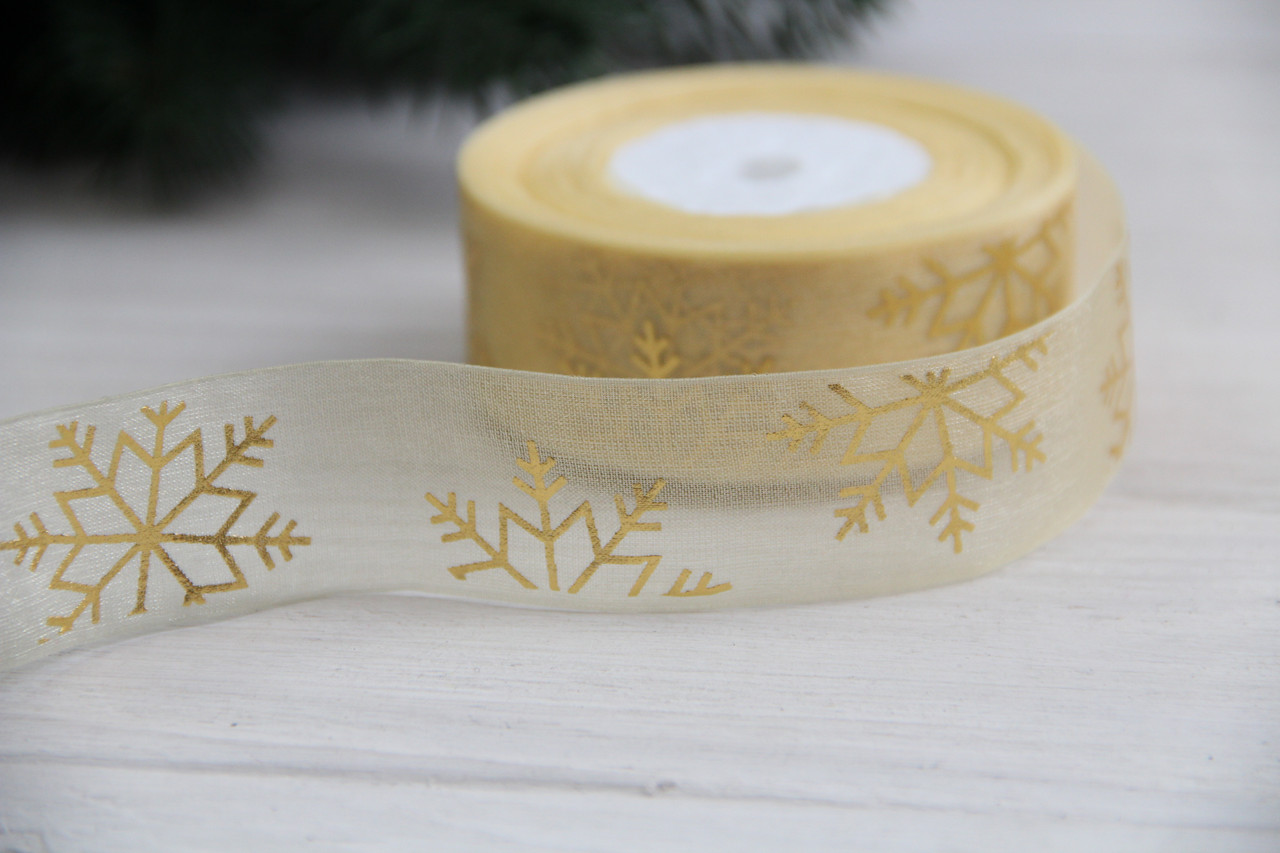 Органза " Золоті сніжинки " 2,5 см бежева рулон 22.5 метри, фото 1