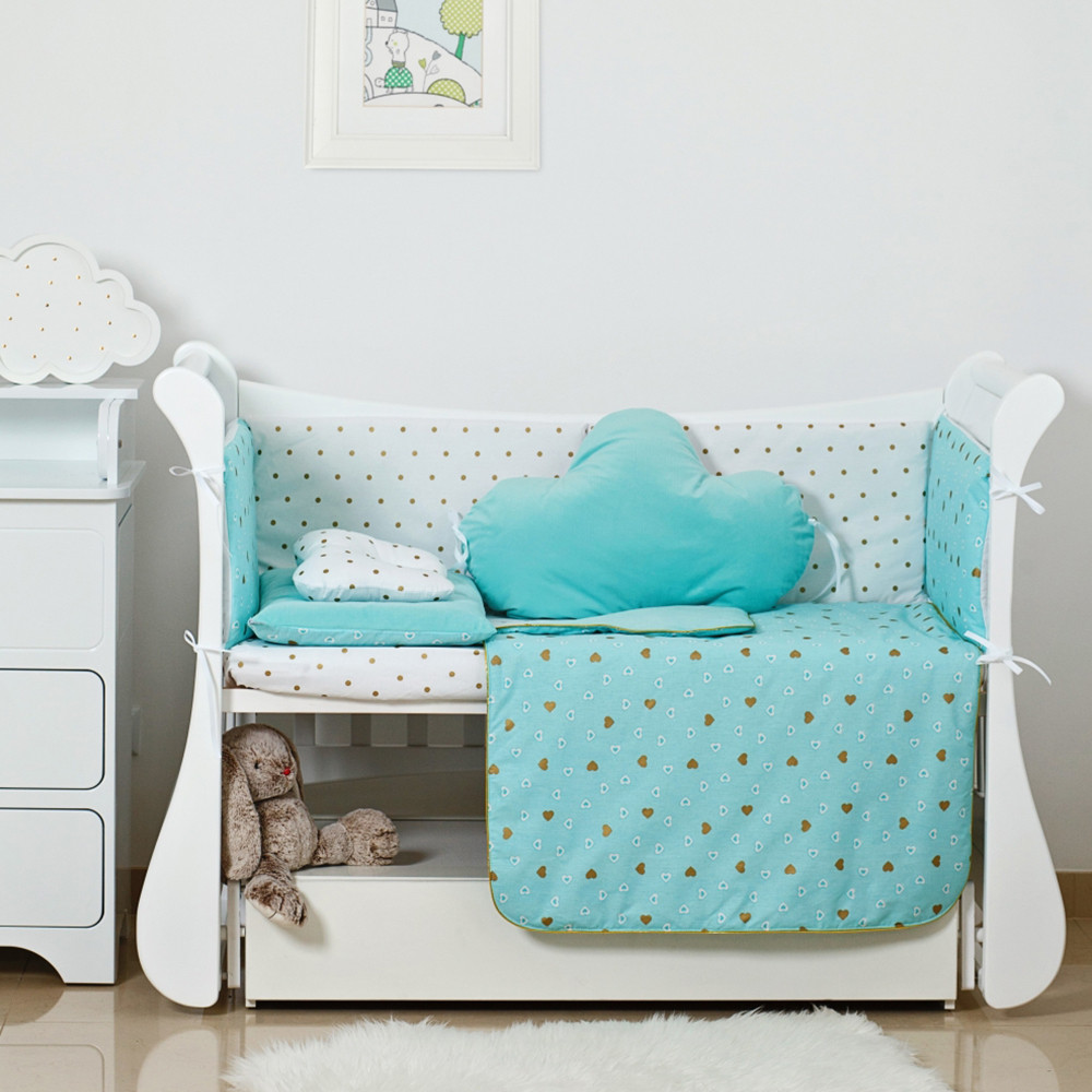 Постільний комплект 6 ел Twins Dolce Insta 4075-D-509, Сердечка м'ята/ золото, м'ятний