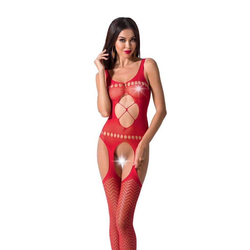 Бодістокінг Passion BS057 red, комбінезон, імітація панчіх і пояси