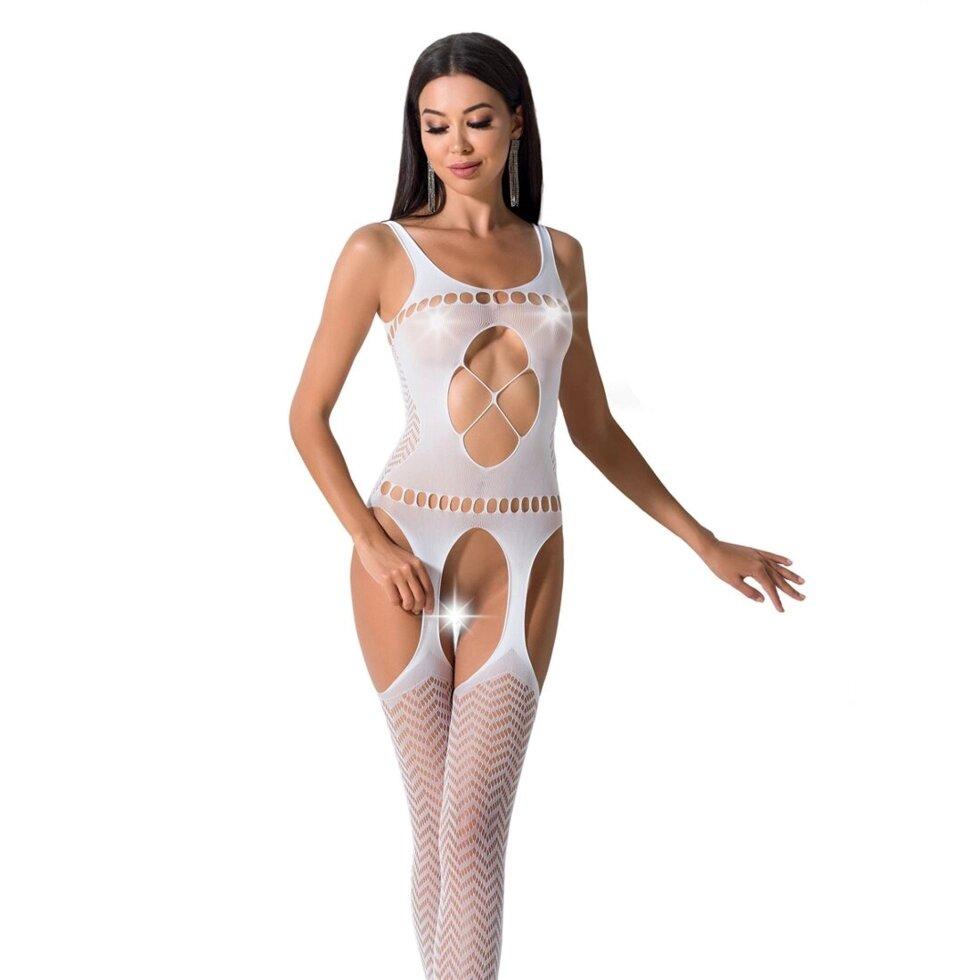Бодістокінг Passion BS057 white, комбінезон, імітація панчіх і пояси