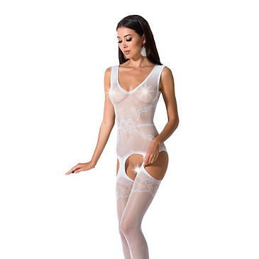 Сітчастий бодистокінг Passion BS062 One Size, White, комбінезон, імітація панчох, відкритий доступ, фото 1