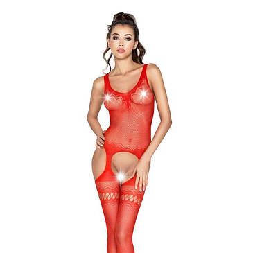 Бодістокінг Passion BS038 red, комбінезон, імітація панчіх і пояси, фото 1