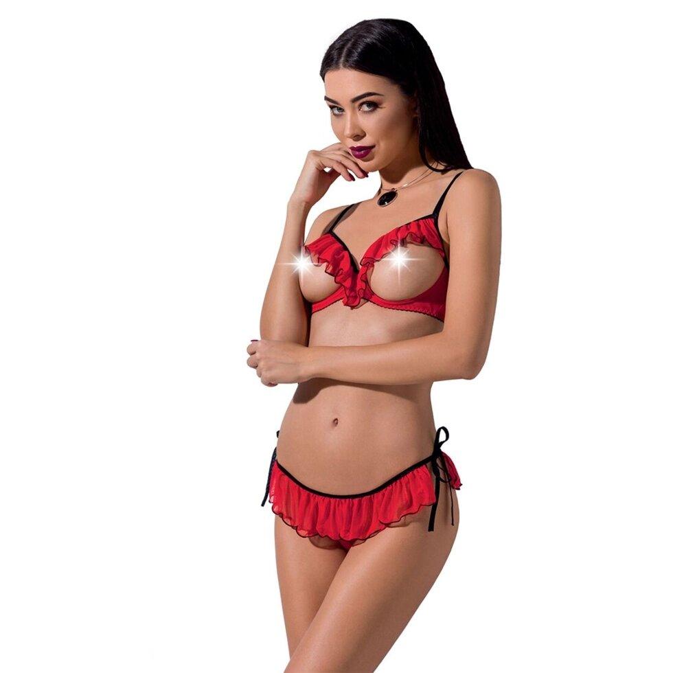 Комплект білизни Passion Exclusive CHERRY SET OpenBra S/M, red, відкритий ліф, трусики-юбочка