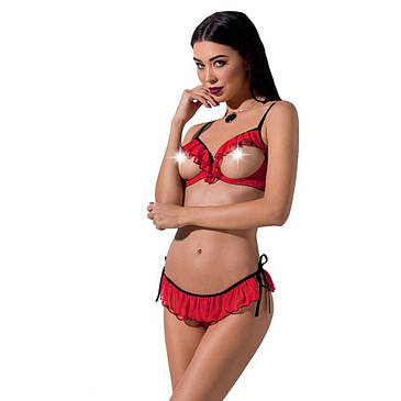 Комплект білизни Passion Exclusive CHERRY SET OpenBra S/M, red, відкритий ліф, трусики-юбочка, фото 1