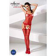 Бодістокінг Passion BS050 red, комбінезон, імітація панчіх і пояси, фото 3