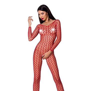 Бодістокінг Passion BS068 red, комбінезон, велика сітка, довгий рукав, фото 1