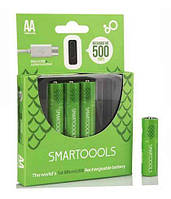 Акумулятор (батарейка) АА micro USB пальчиковий 1000мАг 1.2 V Ni-MH Smartoools 4шт.+шнур