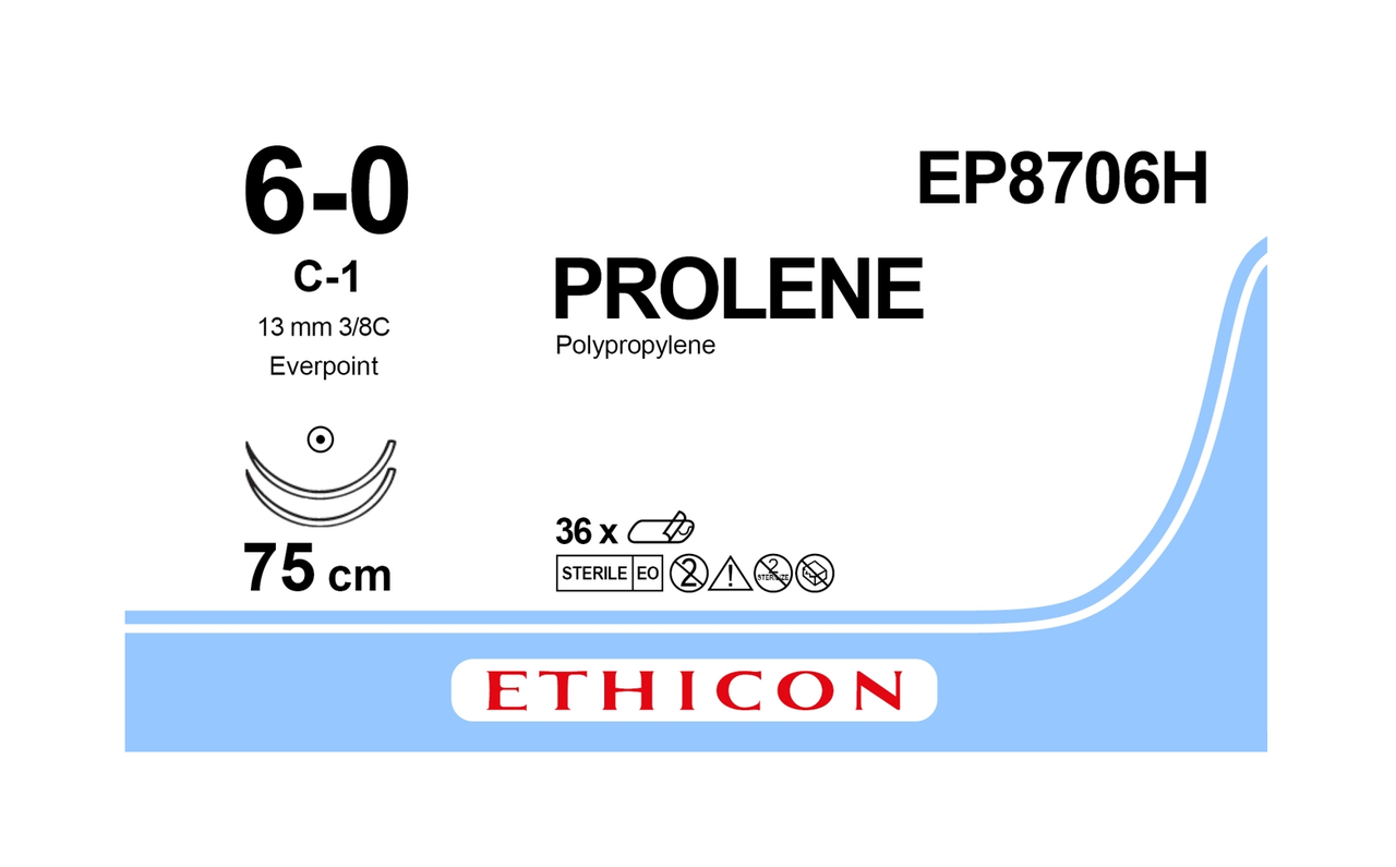Хірургічна нитка Ethicon Пролен (Prolene) 6/0, довжина 75 см, 2 кільк. голки 13 мм, EP8706H