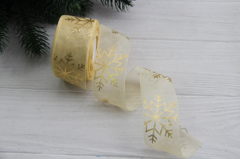 Органза "Золоті сніжинки " 4 см бежева рулон 22.5 метри, фото 1