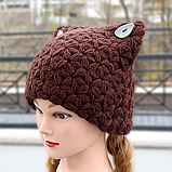 В'язана жіноча шапка - кішка, HandMade модна стильна коричнева шапка з вушками на кожен день від PRIGRIZ, фото 2