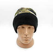 Шапка Braxton чоловіча в'язана з подвійним чорним підворотом, тактична шапка мультикам темна, подвійна шапка для спорту топ