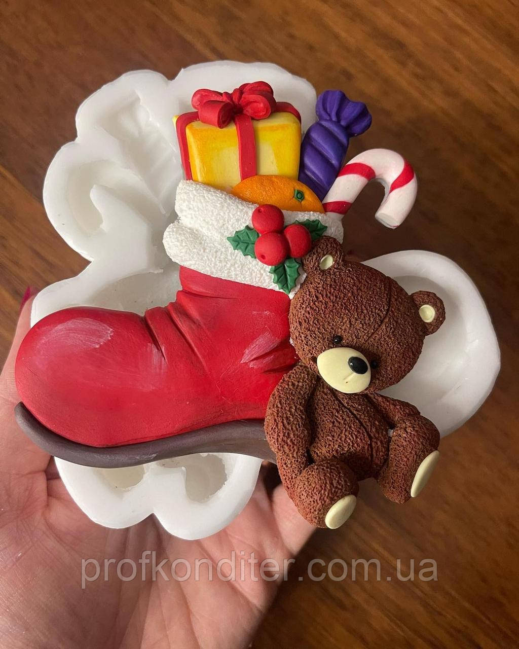 Авторський силіконовий молд для шоколаду "НоворIчний сапожок з подарунками та мiшкою в 2Д форматi", фото 1
