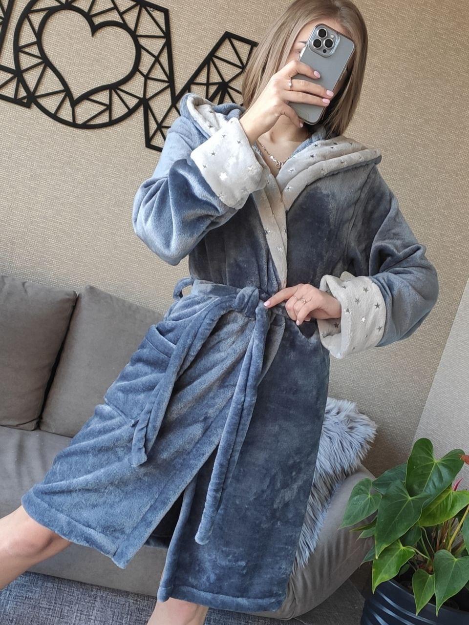 Крутий теплий сірий халат із зірками та капюшоном, фото 1