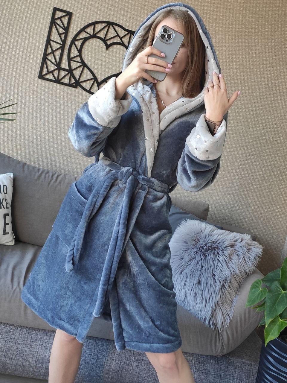 Крутий теплий сірий халат із зірками та капюшоном, фото 1