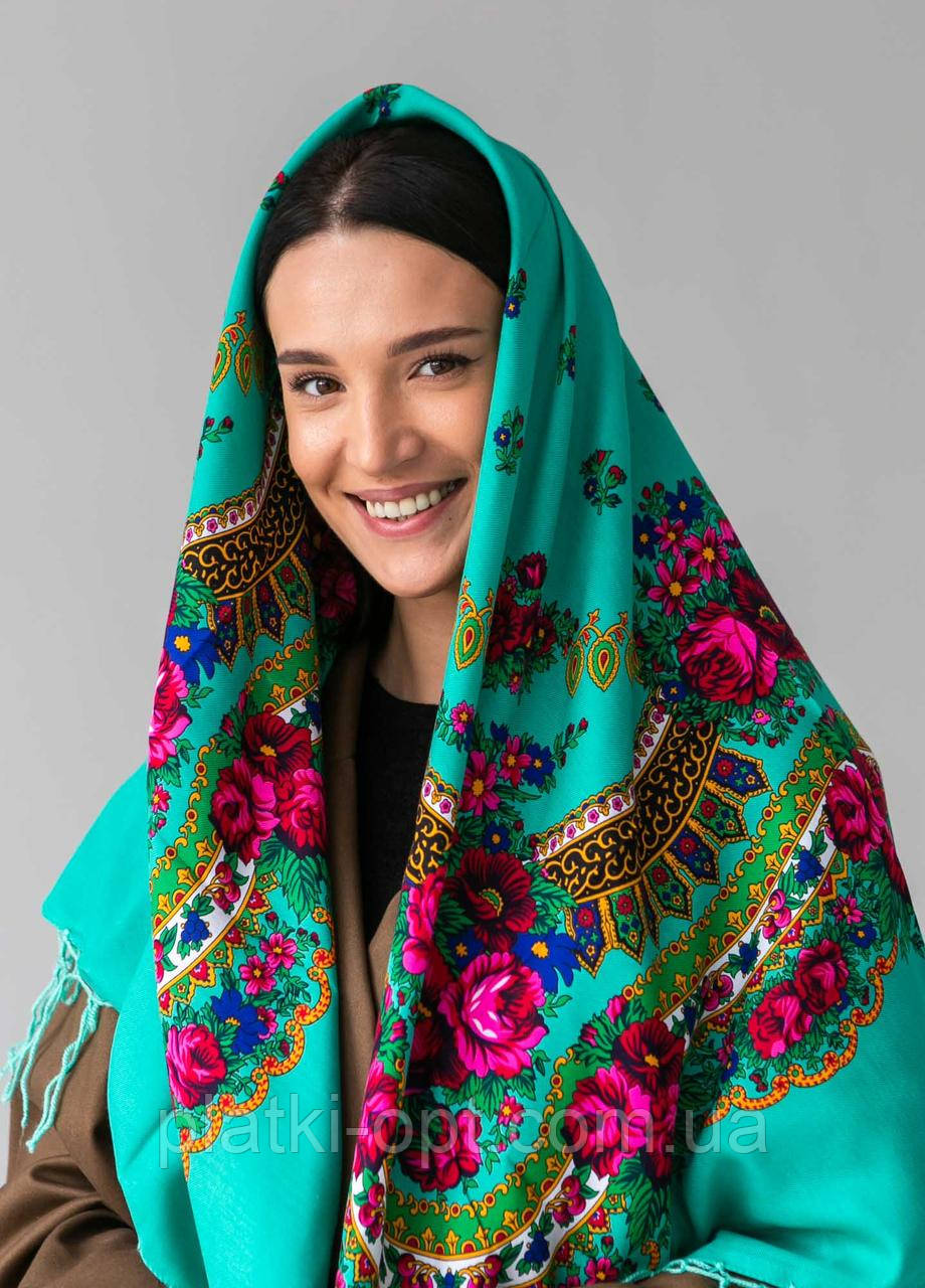 Хустка вовняна з бахромою 120х120 см. (м'ятна), фото 1