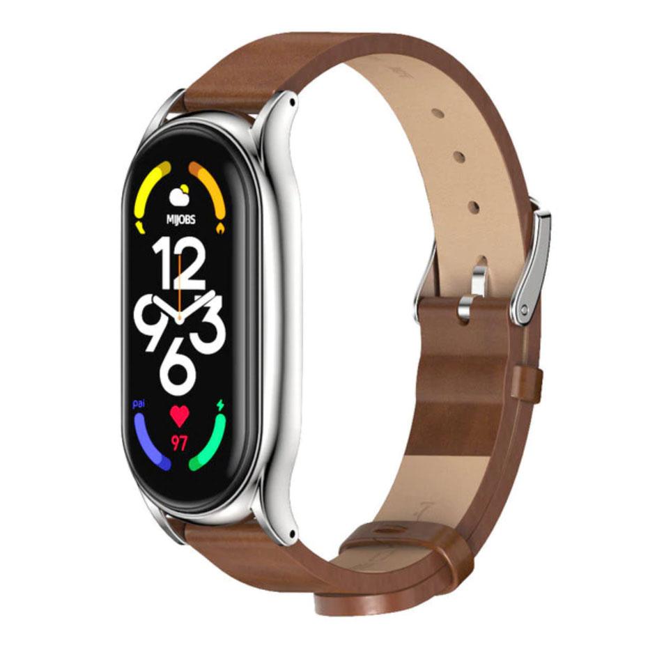 Шкіряний ремінець Primo Mijobs для фітнес-браслета Xiaomi Mi Smart Band 7 - Brown&Silver, фото 1