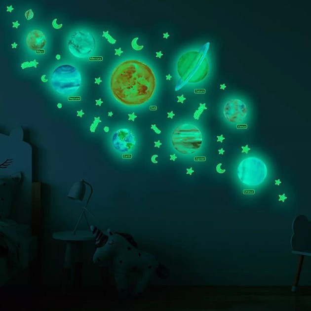 Дитяча вінілова люмінесцентна інтер&#039;єрна наклейка на стіну Космос,планети та зірки Kinder Goods, що світиться у темряві
