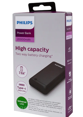 Зовнішній акумулятор Philips Power Bank 20000 mAh PD Black (DLP1720CB), фото 2