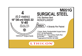 Хірургічний дріт Ethicon (Surgical Steel) 4, 4шт по 45 см, кільк. голка 48 мм, M651G