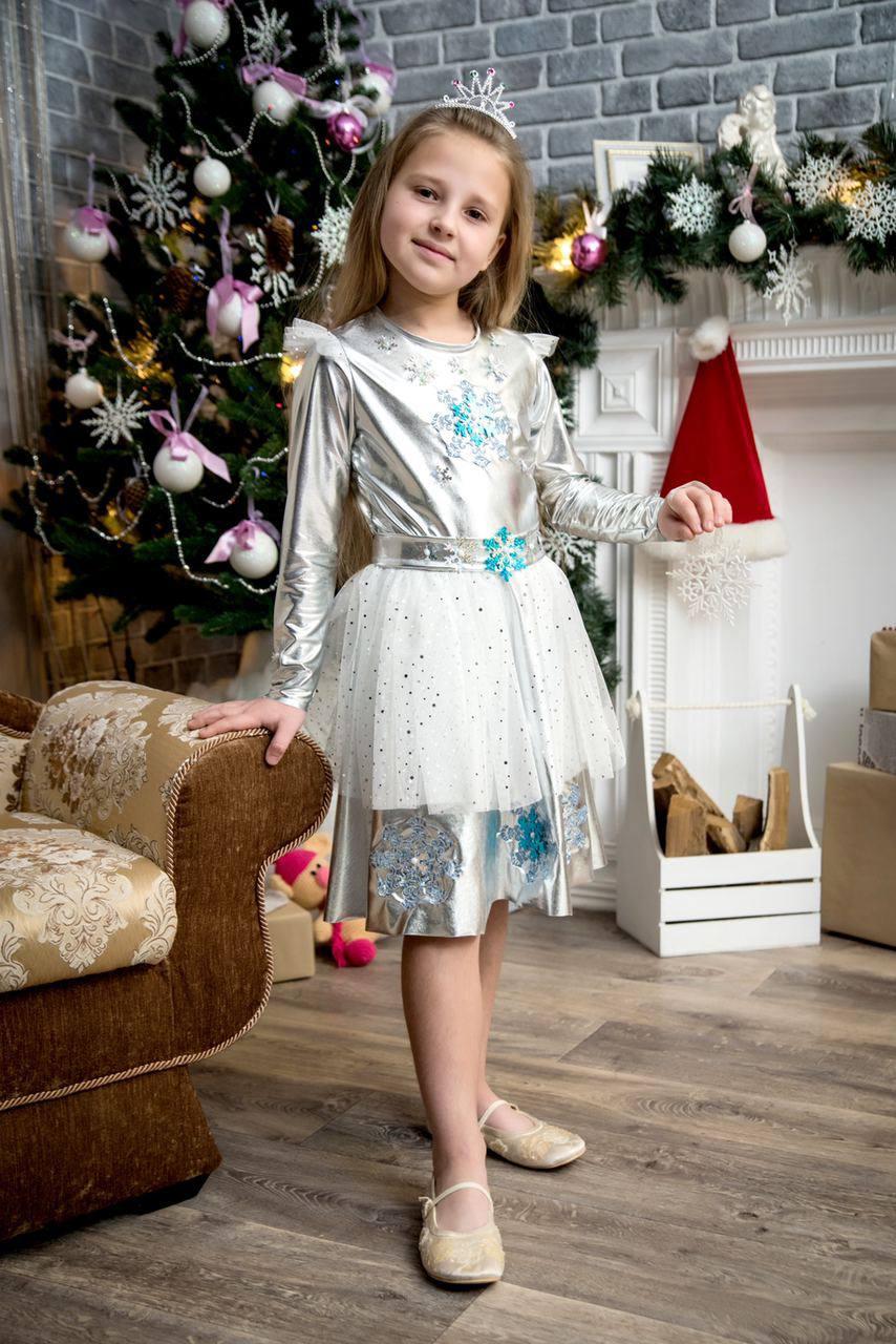 Сукня новорічна дитяча сніжинки з короною розмір 28-38