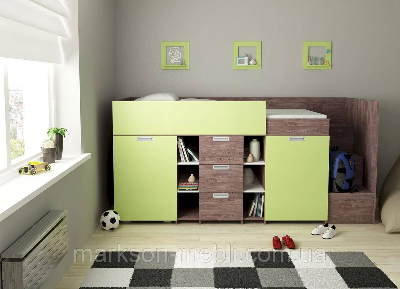 Кровать со столом и шкафами в зеленом цвете фасадов MS702 - фото 1 - id-p1715412150