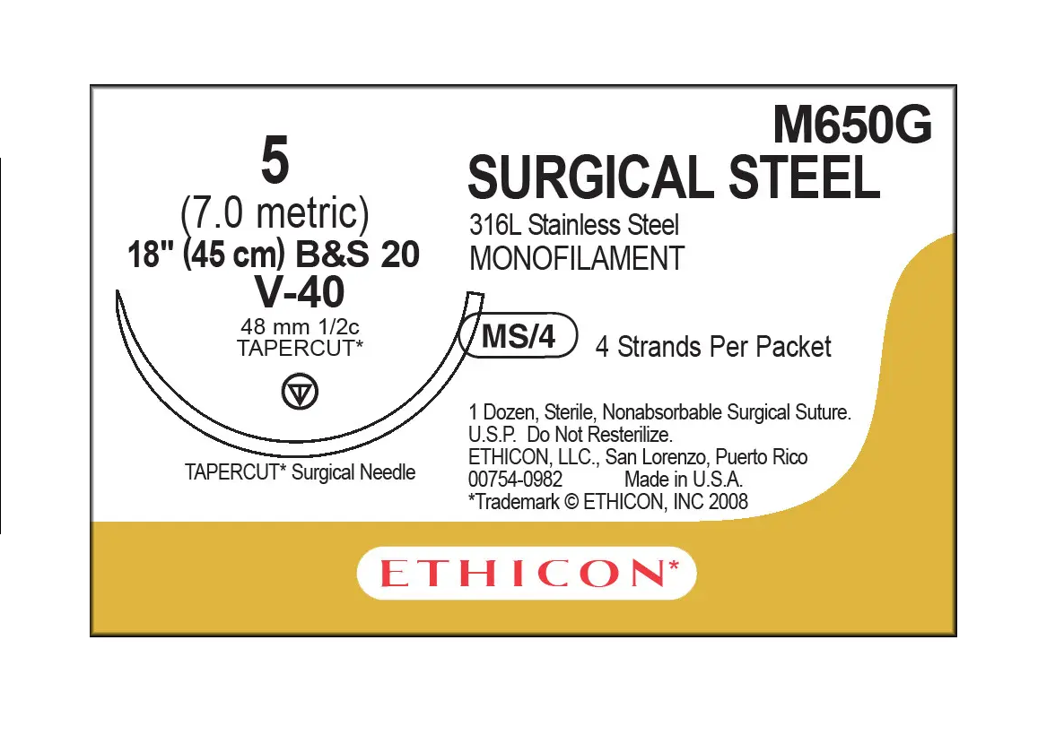 Хірургічний дріт Ethicon (Surgical Steel) 5, 4шт по 45 см, кільк. голка 48 мм, M650G