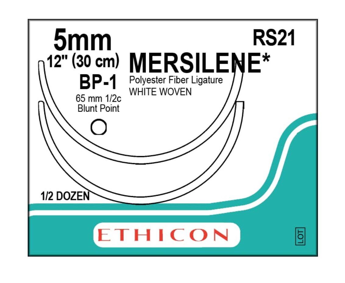 Хірургічна стрічка Ethicon Мерсілен (Mersilene Tape) довжина 35 см, 2 тупокінеч. голки 65 мм, RS21