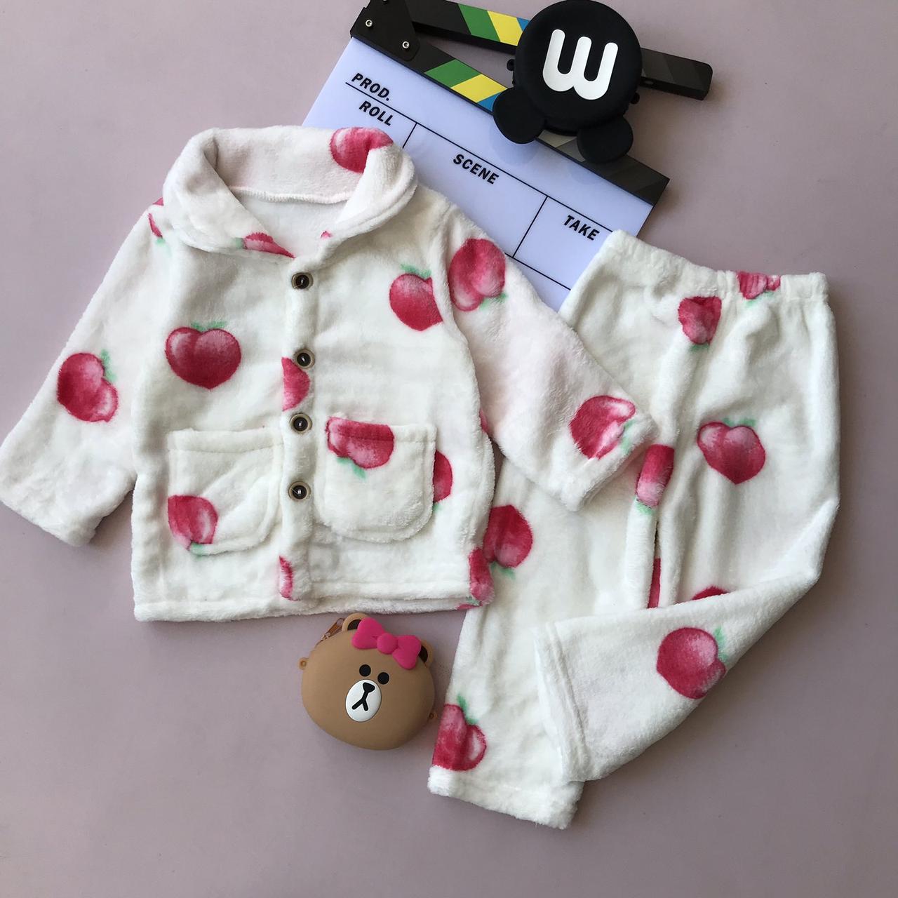 Тепла махрова піжама для дівчинки з персиками Біла 2322 149, Белый, Для девочек, Зима, 100 , 3 года, фото 1