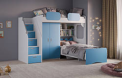 Ліжко двоярусне з шафою для одягу в блакитному кольорі MS700