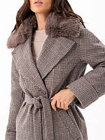 Пальто женское зимнее, с меховым воротником экокролик, шерстяное, до колена, в клетку, Коричневый, 48