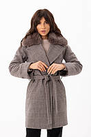 Пальто женское зимнее, с меховым воротником экокролик, шерстяное, до колена, в клетку, Коричневый, 44