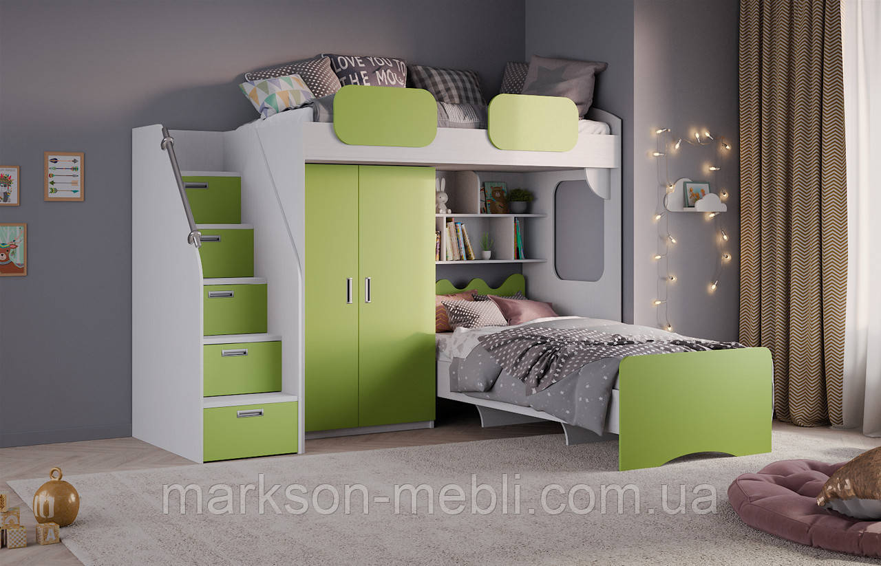 Кровать двухъярусная с шкафом для одежды в зеленом цвете MS717 - фото 1 - id-p1715523008