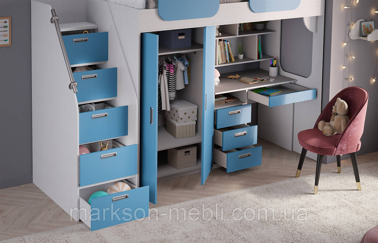 Кровать со столом и шкафом для одежды в голубом цвете MS716 - фото 2 - id-p1715534031