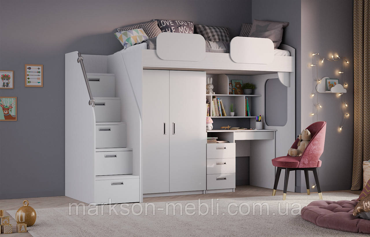 Ліжко зі столом та шафою для одягу в білому кольорі MS701