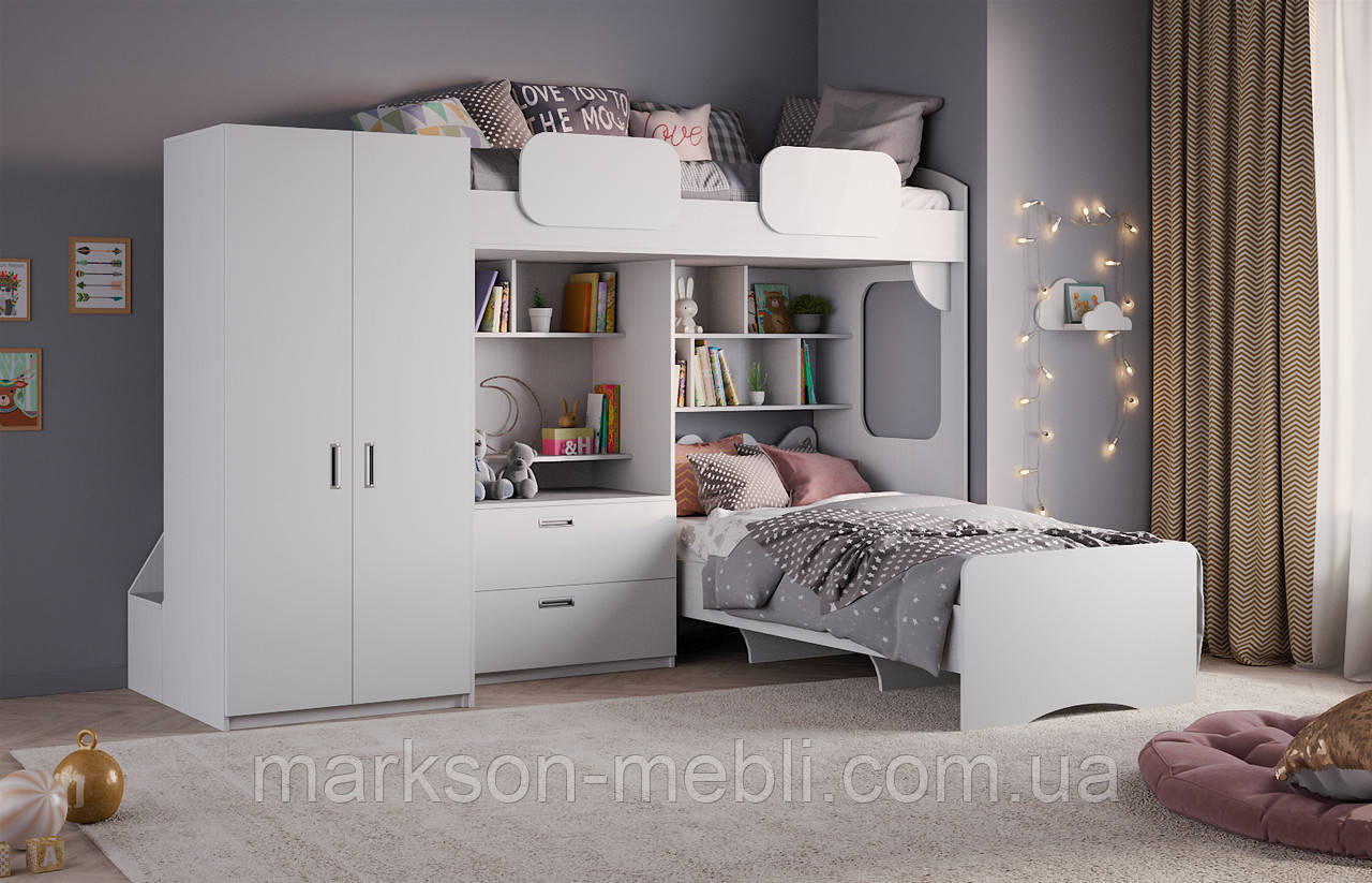 Двоярусне ліжко стінка з шафами в білому кольорі MS700