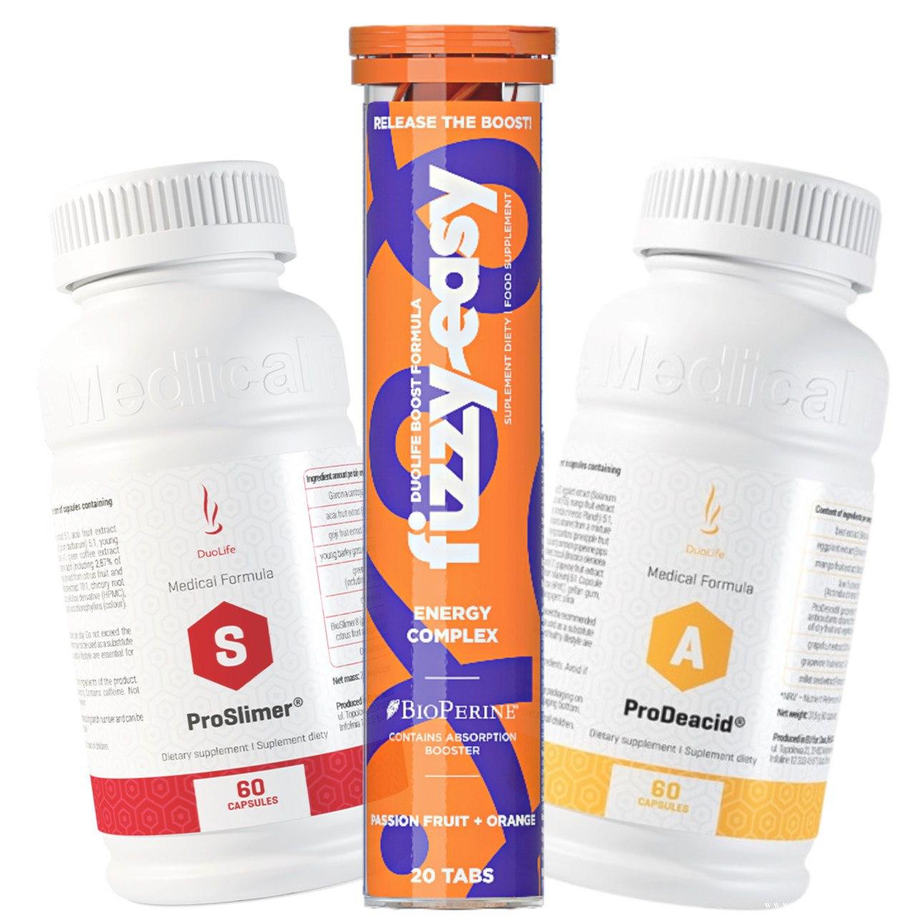 DuoLife Набір для спалювання жиру ProSlimer, ProDeacid, FIZZY EASY ENERGY COMPLEX:Дуолайф