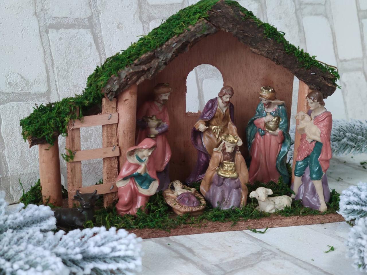 Різдвяний вертеп з дерева та кераміки, різдвяна шопка, 21*30*10 см, фото 1
