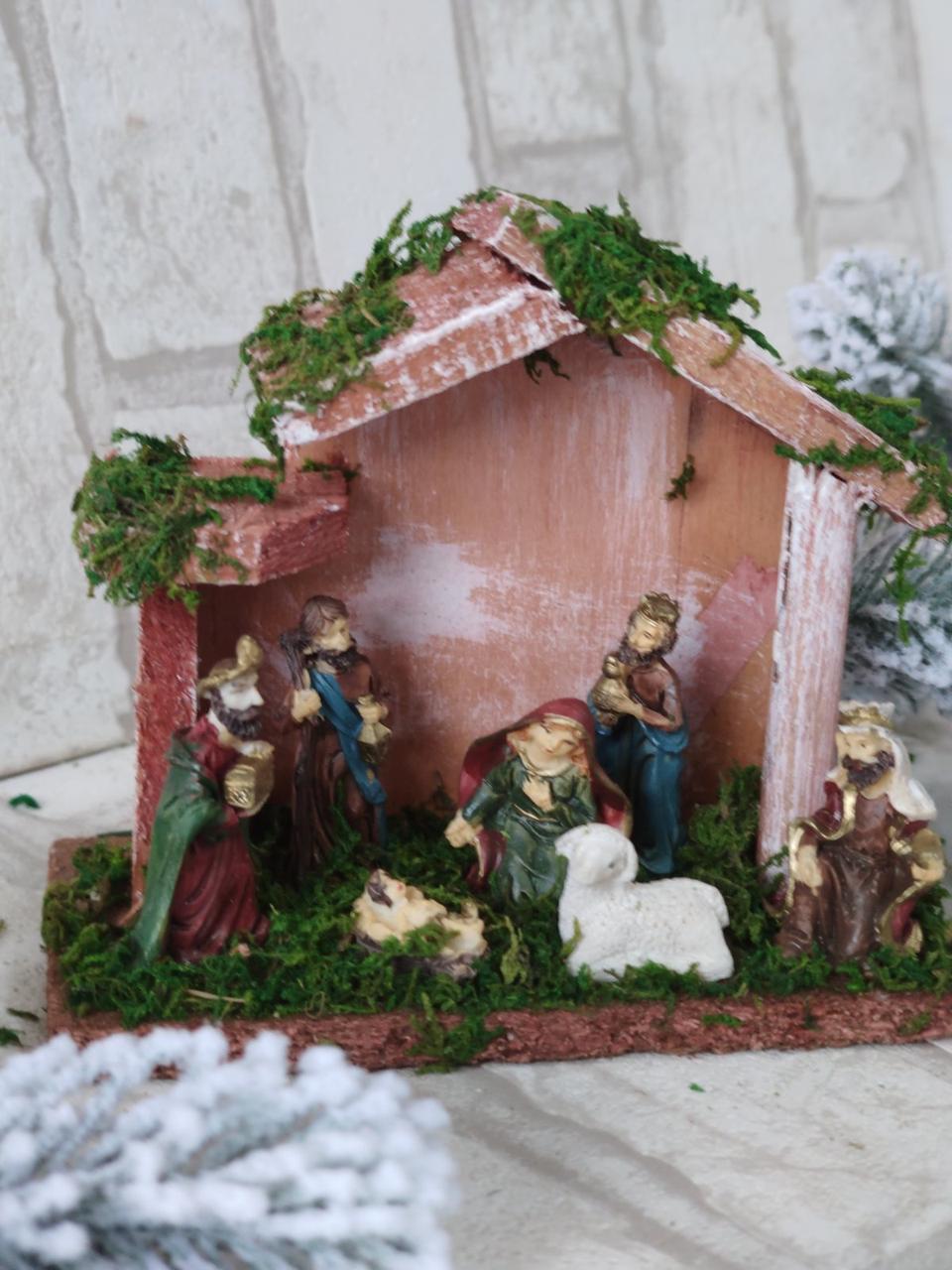 Різдвяний вертеп з дерева та кераміки, різдвяна шопка, 12,5*15*7 см, фото 1