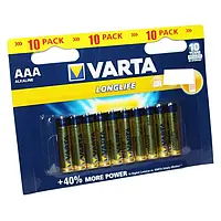 Мініпальчикові батарейки ААА VARTA LONGLIFE ALKALINE AAA 10 шт., лужні, мізинчикові, варта