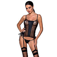 Сітчастий корсет з люверсами та знімними пажами Passion MALWIA CORSET L/XL, black, еко-шкіра, стрінги