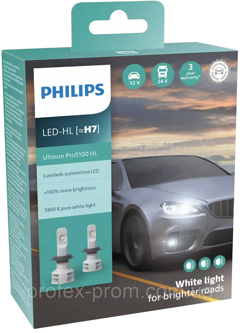 Комплект автоламп Philips LED H7 11972U51 12/24V Ultinon Pro5100 +160% X2 (шт.), фото 1