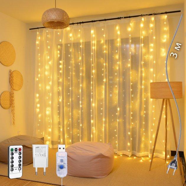 Гірлянда Штора на дроті Крапля роси 3 х 2 м 200 LED, з пультом та USB, теплий білий
